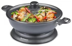 Wok electric Techwood TWF-306, 1400W, 3.6 l, 32x8 cm, Capac din sticla, Termostat, Acoperire antiaderenta, Gri