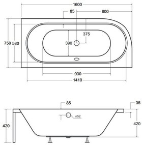 Cada baie asimetrica alba, acril, 160 x 75 cm, orientare stanga, Besco Avita 1600x750 mm, Stanga