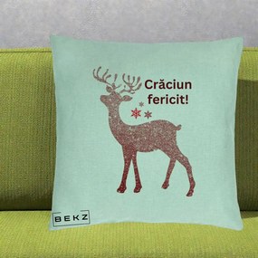 Perna Decorativa Ren Sclipitor Glitter Craciun Fericit, 40x40 cm, Verde Menta, Husa Detasabila, Perna Inclusa, BEKZ®