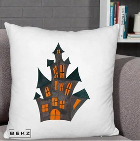 Perna Decorativa Halloween Casa Bantuita Minimalista, 40x40 cm, Alb Pufos, Husa Detasabila, Perna Inclusa, BEKZ®