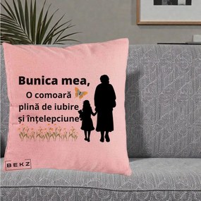 Cadou pentru Bunica - Perna Personalizata Bunica Mea Comoara Iubire Intelepciune Varianta Extinsa, 40x40 cm, Roz, Husa Detasabila, Perna Inclusa, BEKZ®