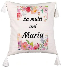 Perna Decorativa cu Franjuri, Model La multi ani Maria 2, 45x45 cm, Ecru, Cu fermoar