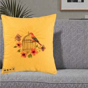 Perna Decorativa Pasare Roz pe Colivie Aurie cu Flori, 40x40 cm, Galben, Husa Detasabila, Perna Inclusa, BEKZ®