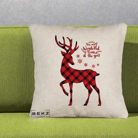 Perna Decorativa Ren Buffalo Plaid Craciun, 40x40 cm, Bej Canapea, Husa Detasabila, Perna Inclusa, BEKZ®