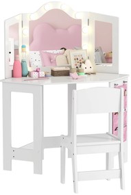 AIYAPLAY Masă de toaletă pentru copii 2 în 1 cu scaun oglindă triptică și lumini LED bicolore  93,6 x 48,5 x 111,5 cm alb | Aosom Romania