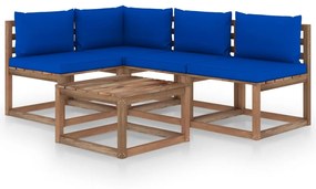 Set mobilier de gradina, 5 piese, cu perne albastre Albastru, colt + 3x mijloc + masa, 1