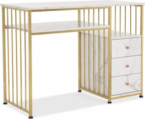 BIAU201 - Birou 109 cm, Masa Manichiura, masa de calculator cu 3 sertare, office, Imitatie de Marmura - Alb / Negru - Auriu