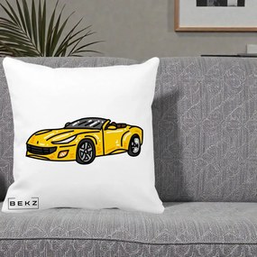 Perna Personalizata Masina Cabriolet Galbena Grafic, 40x40 cm, Alba Mata, Husa Detasabila, Perna Inclusa, BEKZ®