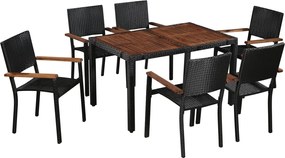 vidaXL Set mobilier de exterior 7 piese negru, poliratan, lemn acacia