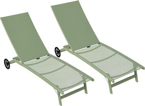 Outsunny Set de 2 șezlonguri din aluminiu și textilenă cu roți spătar rabatabil sarcină max. 150 Kg verde închis | Aosom Romania