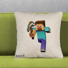 Perna Personalizata Minecraft Steve, 40x40 cm, Bej Canapea, Husa Detasabila, Perna Inclusa, BEKZ®