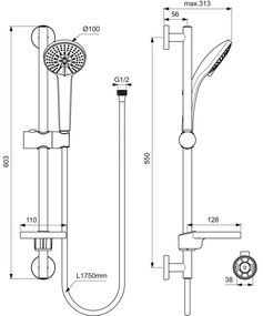 Set de dus Ideal Standard Idealrain Soft cu bara 60 cm, para dus 3 functii si furtun, crom lucios