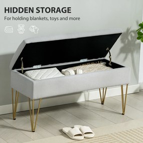 HOMCOM Bancă cu Depozitare din Material Textil și Picioare din Oțel, 100x40x49 cm, Gri Deschis | Aosom Romania