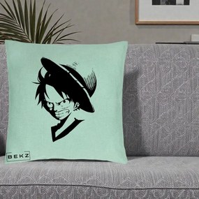Perna Personalizata One Piece Luffy Silueta Alb-Negru, 40x40 cm, Verde Menta, Husa Detasabila, Perna Inclusa, BEKZ®