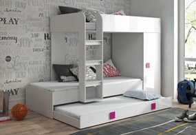 Supermobel Pat supraetajat pentru copii TOLEDO 2, 254,5x165x94,5, alb/alb lucios/roz mânere, stanga