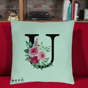 Cadou Personalizat - Perna Personalizata Monograma Florala Litera U, 40x40 cm, Verde Menta, Husa Detasabila, Perna Inclusa, BEKZ®
