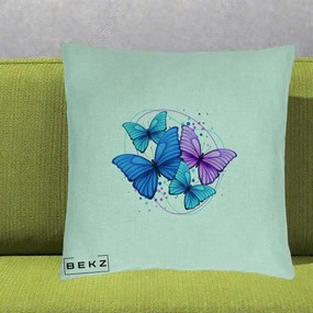 Perna Decorativa Patru Fluturi Turcoaz-Violet, 40x40 cm, Verde Menta, Husa Detasabila, Perna Inclusa, BEKZ®