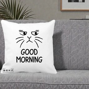 Perna Decorativa Pisica Morocanoasa Good Morning, 40x40 cm, Alba Mata, Husa Detasabila, Perna Inclusa, BEKZ®