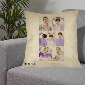 Perna Personalizata K-pop BTS Colaj 7 Portrete cu Inimi Lila, 40x40 cm, Crem, Husa Detasabila, Perna Inclusa, BEKZ®