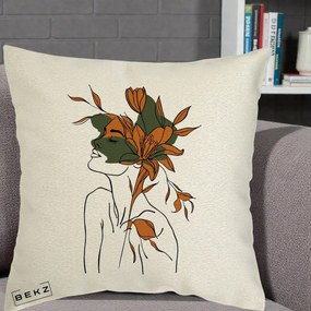 Perna Decorativa Portret Feminin Crin Auriu, 40x40 cm, Ecru, Husa Detasabila, Perna Inclusa, BEKZ®