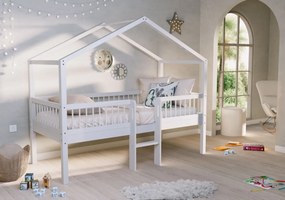 Pat Casă Înălțat Forrest Beech 90x200 cm, pentru Camera Copii, din Lemn de Fag Lăcuit Alb, cu Scară și Set Textil – Vipack