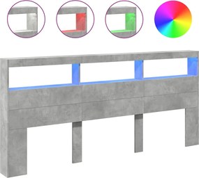 vidaXL Tăblie de pat cu dulap și LED, gri beton, 220x17x102 cm