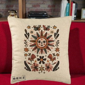 Perna Decorativa Soare Boho Folk Fluturi, 40x40 cm, Bej, Husa Detasabila, Perna Inclusa, BEKZ®