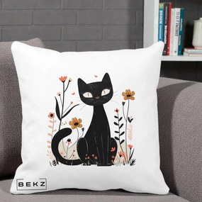 Perna Decorativa Pisica Neagra Flori Pastel Folk, 40x40 cm, Alba Mata, Husa Detasabila, Perna Inclusa, BEKZ®