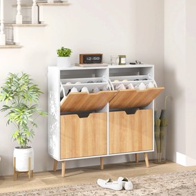 HOMCOM Dulap pentru pantofi 4 uși rabatabile 16 perechi cu etajeră reglabilă picioare din lemn de pin 95 x 26 x 95 cm natural | Aosom Romania