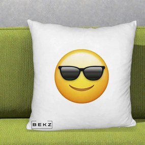 Perna Decorativa Emoji Cool Ochelari, 40x40 cm, Alb Pufos, Husa Detasabila, Perna Inclusa, BEKZ®