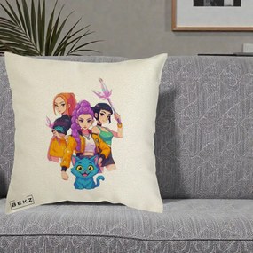 Perna Personalizata K-pop HUNTRX Trio cu Pisica si Cristale, 40x40 cm, Ecru, Husa Detasabila, Perna Inclusa, BEKZ®