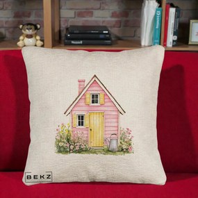 Perna Decorativa Casuta Roz Acuarela cu Gradina, 40x40 cm, Bej Canapea, Husa Detasabila, Perna Inclusa, BEKZ®
