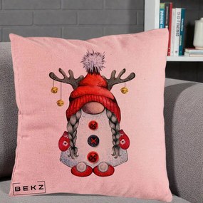Perna Decorativa Pitic Gnom Craciun cu Coarne de Ren, 40x40 cm, Roz, Husa Detasabila, Perna Inclusa, BEKZ®