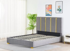 Pat Tapitat Catifea Gri 160x200 cm cu Somiera si Saltea  Inclusa ,   Cod LB-214