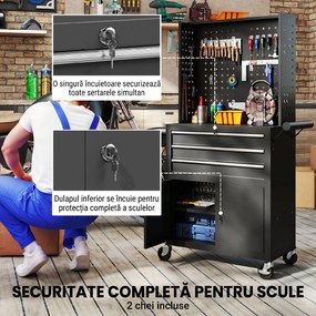 HOMCOM Cărucior de Scule din Oțel cu Blat de Lucru, 3 Sertare, Dulap, Panouri Perforate, Roți, Negru | Aosom Romania