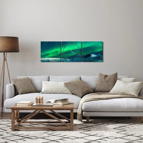 Tablou cu oameni la Aurora borealis (cu ceas) (90x30 cm)