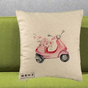 Perna Decorativa Scuter Roz cu Flori Acuarela, 40x40 cm, Bej, Husa Detasabila, Perna Inclusa, BEKZ®