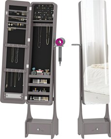 HOMCOM Oglindă-dulap pentru bijuterii cu lumini LED Dulap bijuterii cu oglindă full-length reglabilă pe unghi Sertar Oprire automată a luminilor Gri | Aosom Romania