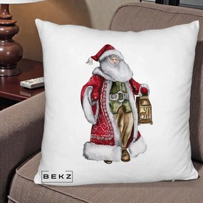 Perna Decorativa Mos Craciun Vintage cu Felinar, 40x40 cm, Alb Pufos, Husa Detasabila, Perna Inclusa, BEKZ®
