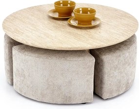 Set masuta cafea si 4 taburete NUGAT, bej cu efect de piatra travertin