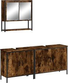 vidaXL Set mobilier de baie, 3 piese, stejar fumuriu, lemn prelucrat