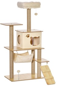 PawHut Ansamblu de Joaca pentru pisici Compac pisici de joaca si de zgariet, Lemn/Plush, 60 x 40 x 130 cm, Galben | Aosom Romania