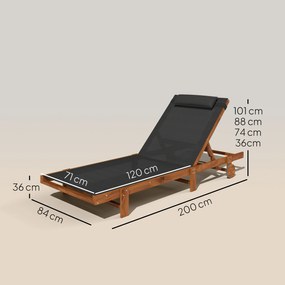 Outsunny Șezlong cu Roți, Spătar Reglabil în 4 Poziții și Tetieră, 84x200x101 cm, Negru | Aosom Romania