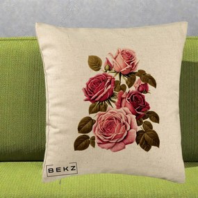 Perna Decorativa Trandafiri Vintage Roz-Rosii, 40x40 cm, Bej, Husa Detasabila, Perna Inclusa, BEKZ®