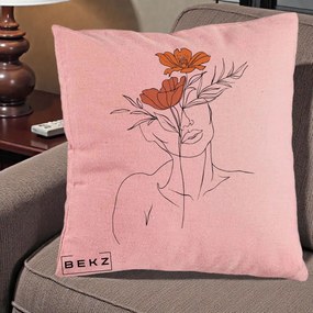 Perna Decorativa Portret Feminin Doua Flori, 40x40 cm, Roz, Husa Detasabila, Perna Inclusa, BEKZ®