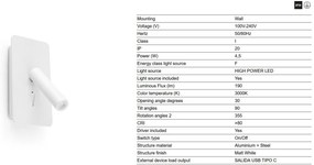 Aplica cu reader LED directionabil stil minimalist SUAU USB C alb