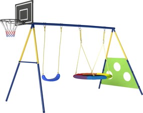 AIYAPLAY Set Leagăne de Grădină 4-în-1 pentru Copii cu Leagăne Duble, Coș de Baschet, Poartă de Fotbal, Cadru Metalic în Formă de A, Capacitate 150 kg, pentru Exterior, 3-8 Ani, 288x160x220 cm | Aosom Romania