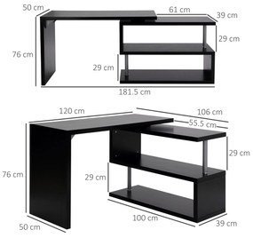 HomCom Birou pe colt pentru Computer cu Rafturi in Lemn, Negru, 120x106x75cm
