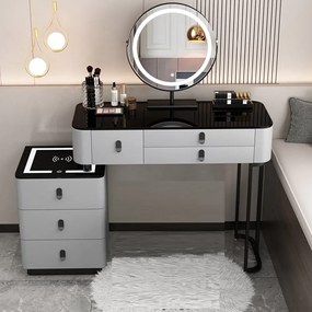 RESIGILAT-Set Margot, Masă de toaletă pentru machiaj cu oglindă iluminată LED, control touch, 6 sertare, comoda, scaun, Difuzor Bluetooth, zona încărcare fără fir, Gri