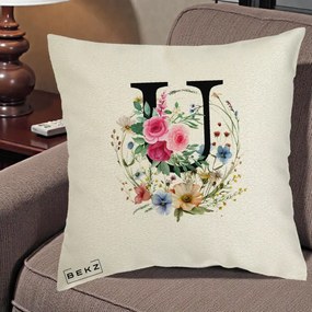 Cadou Personalizat - Perna Personalizata Monogram Litera U cu Flori Acuarela, 40x40 cm, Ecru, Husa Detasabila, Perna Inclusa, BEKZ®